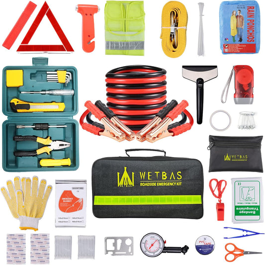 Car Roadside Emergency Kit with Jumper Cables and Tools