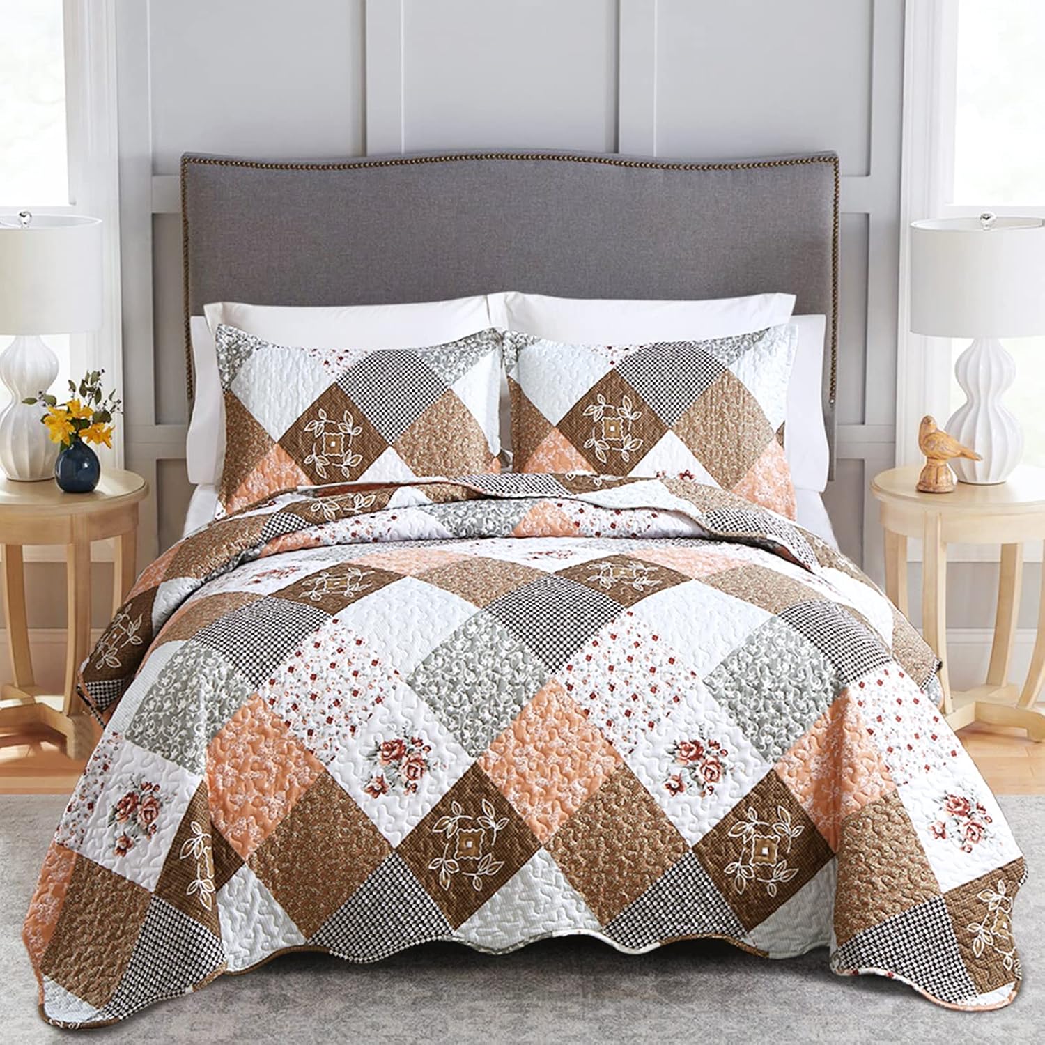 Dinjoy Floral Plaid Patchwork Quilt Set for Twin Size Bedding