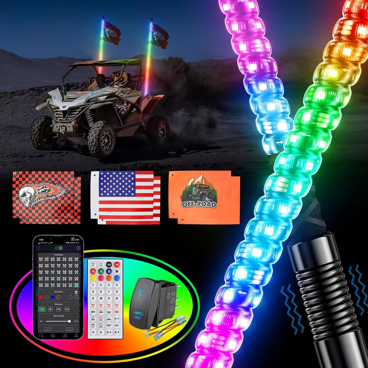 2PCS 6FT Whip Lights for UTV ATV with Remote Control & Flags