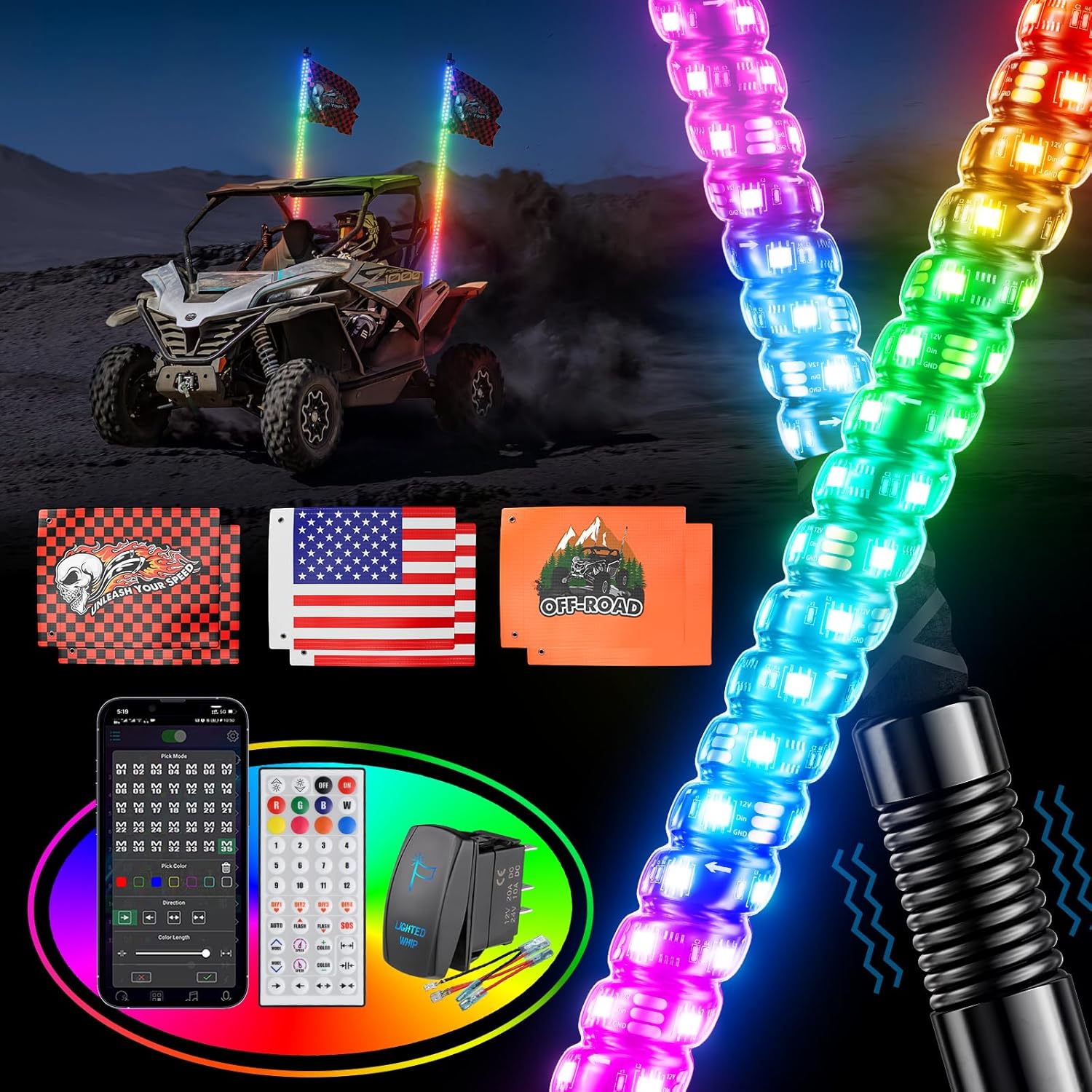 2PCS 6FT Whip Lights for UTV ATV with Remote Control & Flags