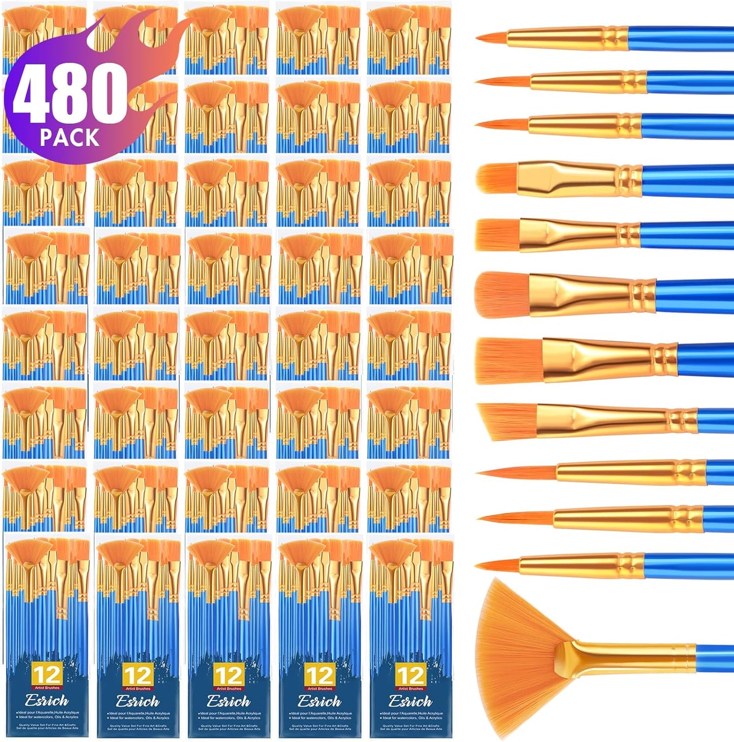 ESRICH 40pack Paint Brushes Set for Acrylic and Watercolor Art