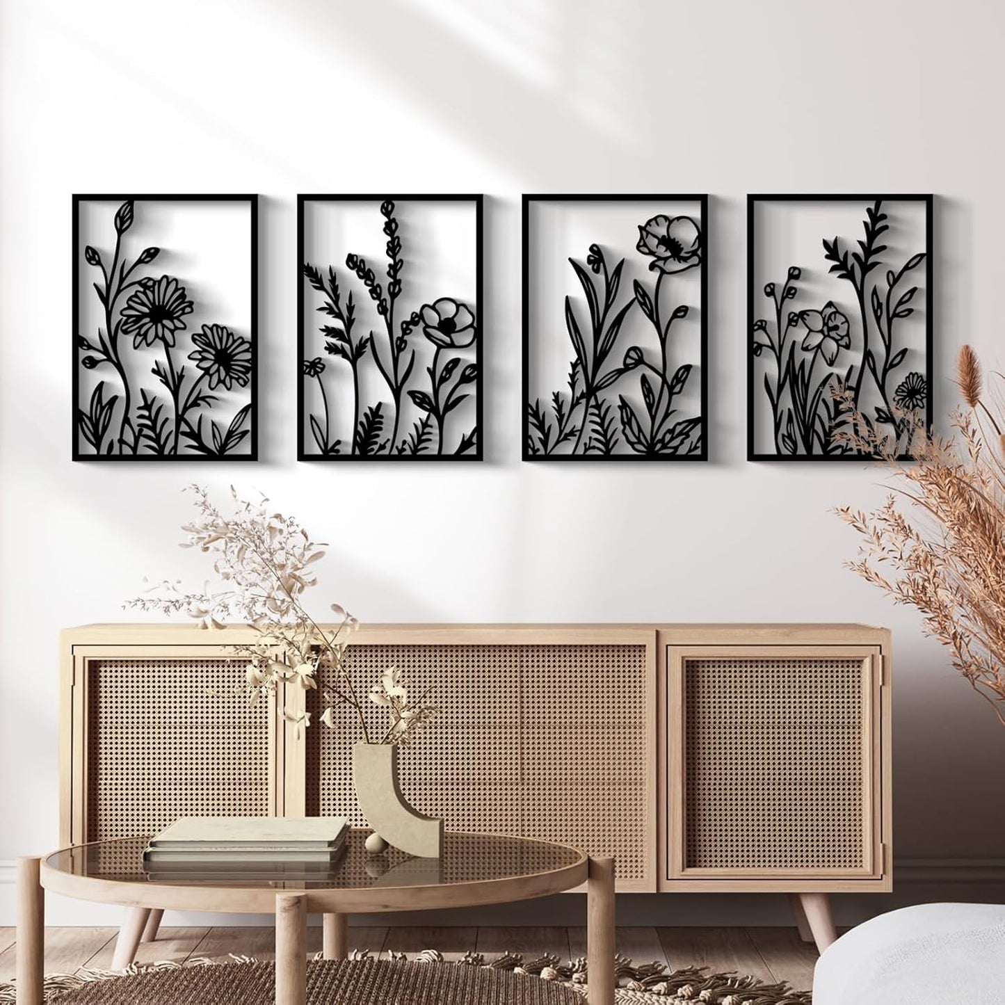 Glamativity 4 Pcs Black Abstract Flowers Metal Wall Art Decor