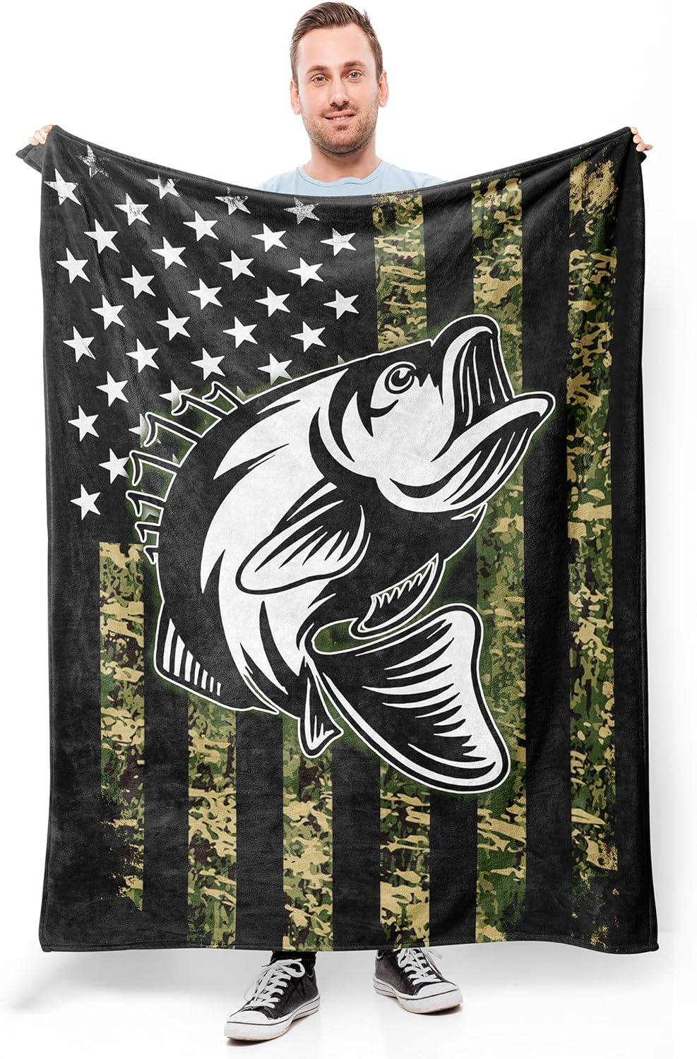 Fleece Camo Fishing Blanket | Cozy Fish Gift for Men | 60x80