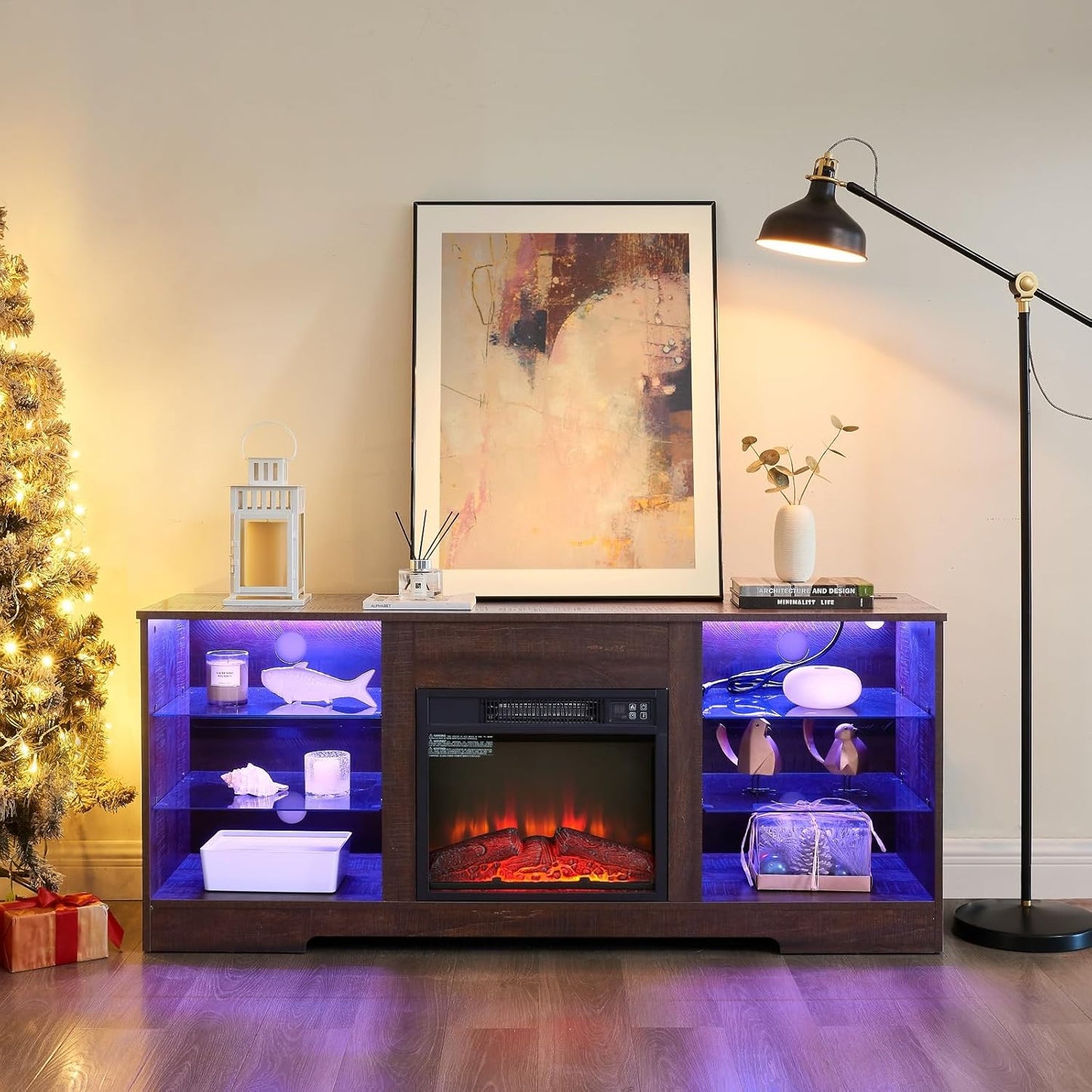 Modern TV Stand with 3D Fireplace & LED Lights