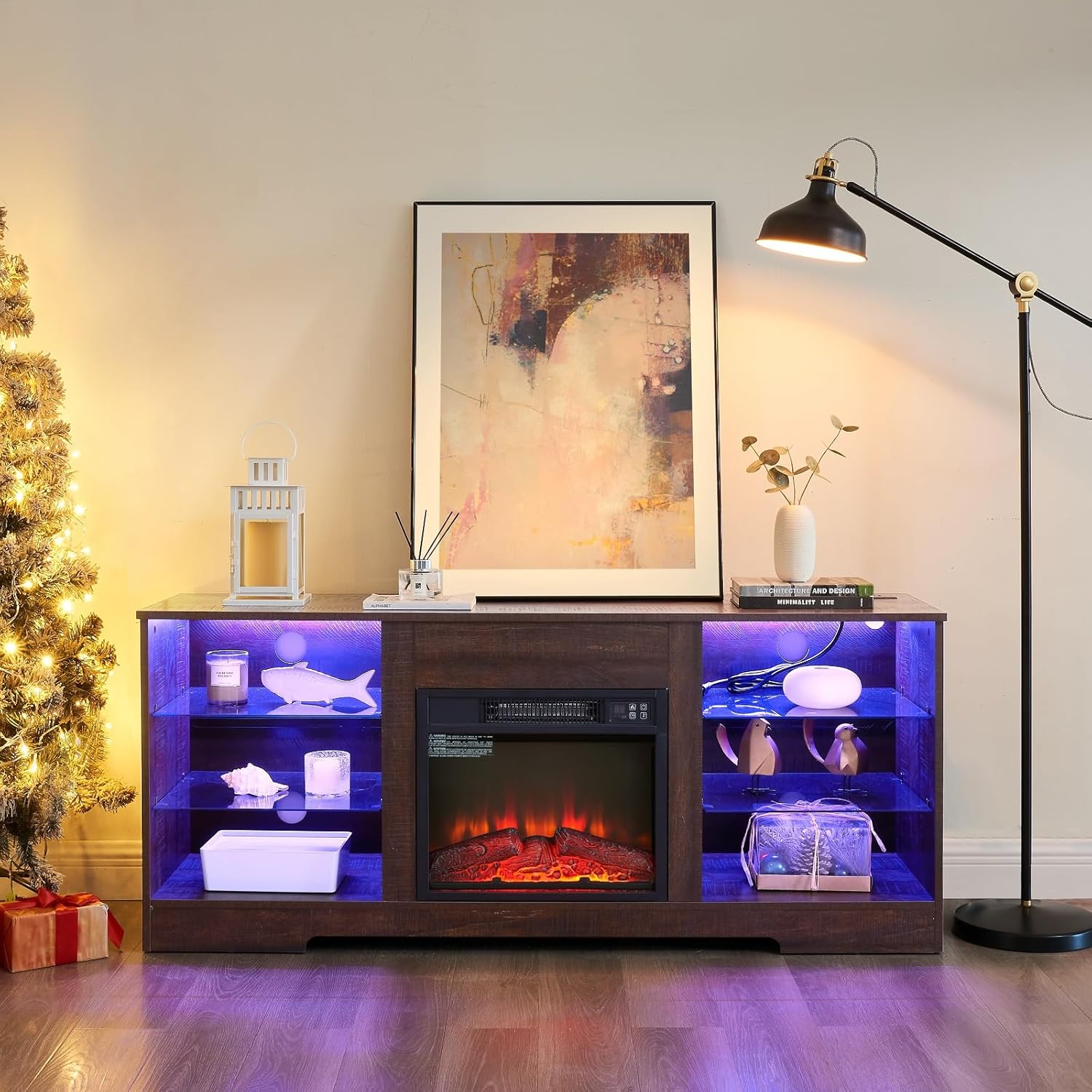 Modern TV Stand with 3D Fireplace & LED Lights