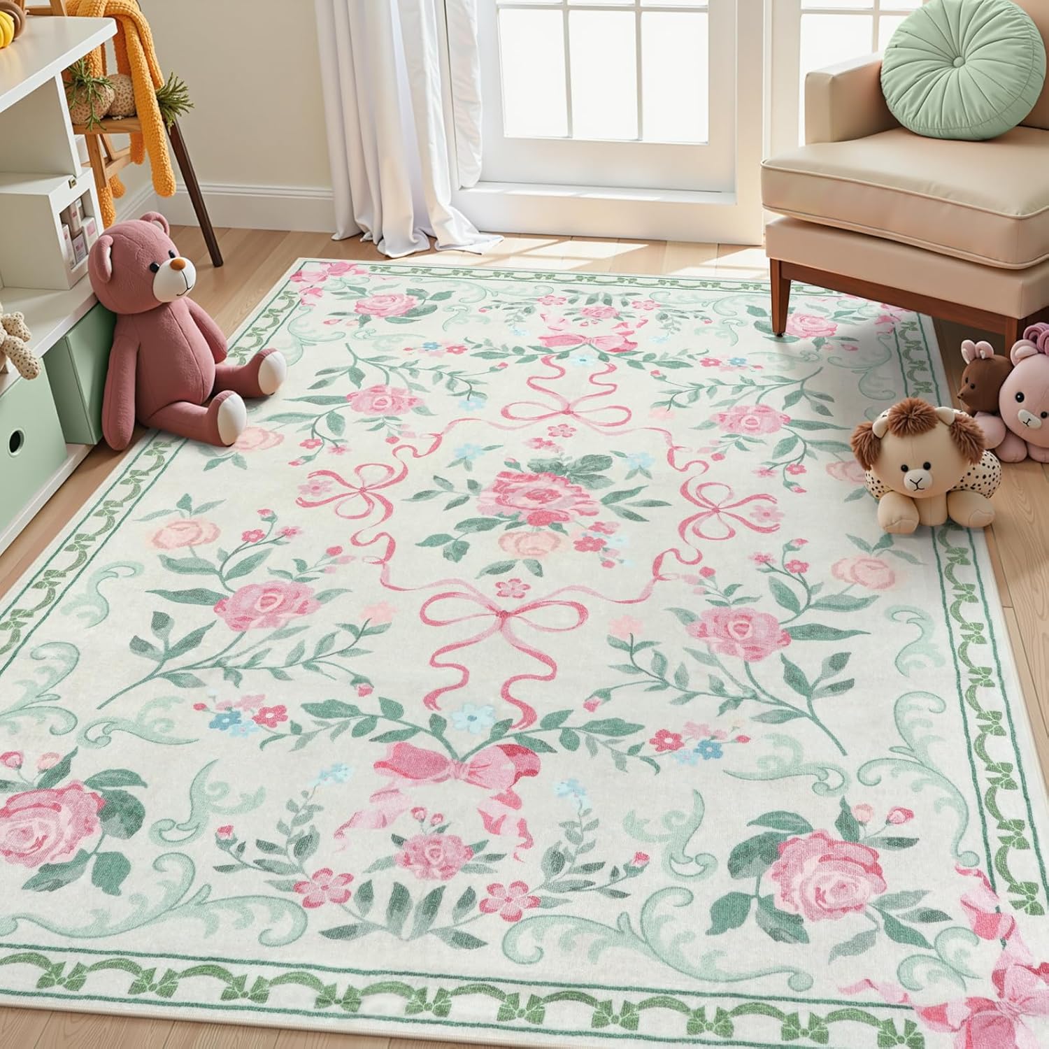 Collive Green Floral Rugs for Girls - Cute 5x7 Washable Area Rug