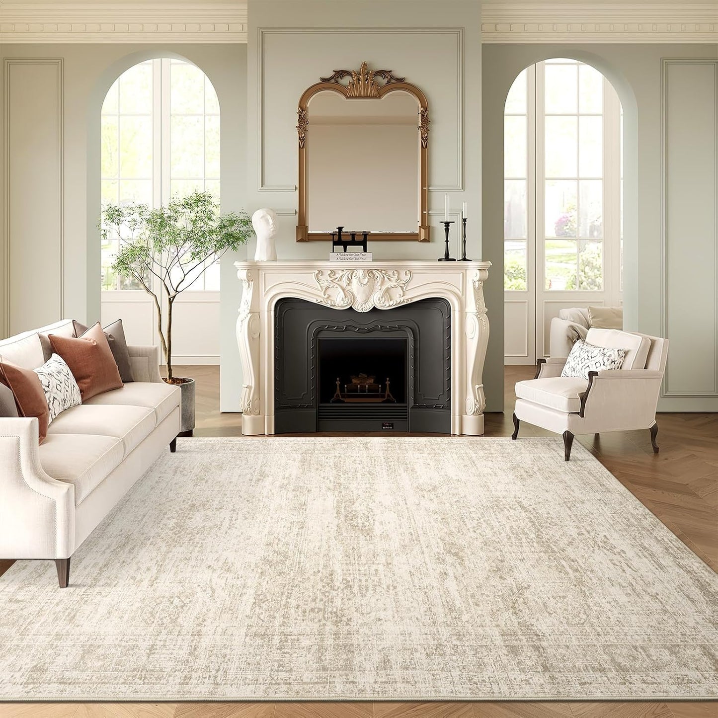Vintage Beige Washable Area Rug 8x10 - Soft & Stain Resistant