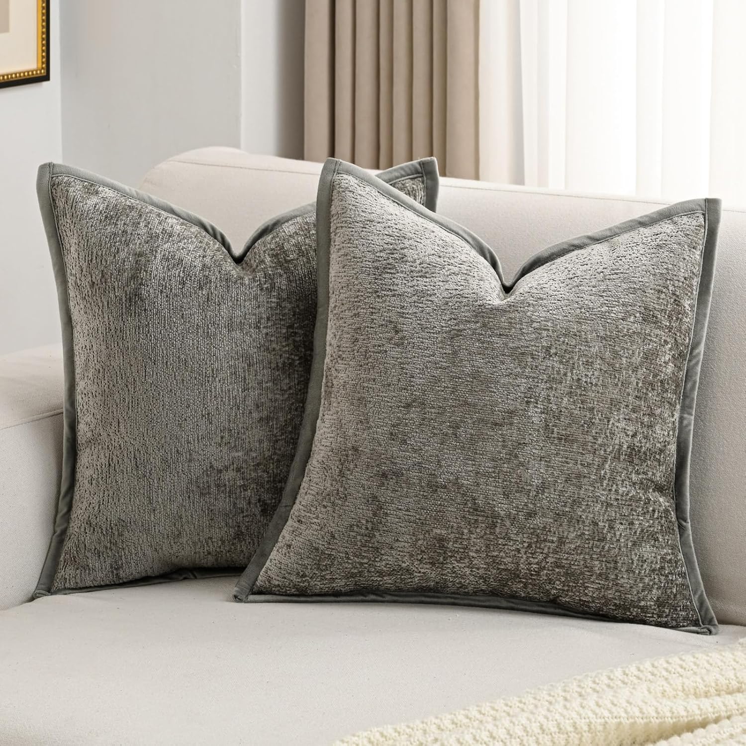 FUTEI Grey Chenille Throw Pillow Covers for Cozy Home Decor