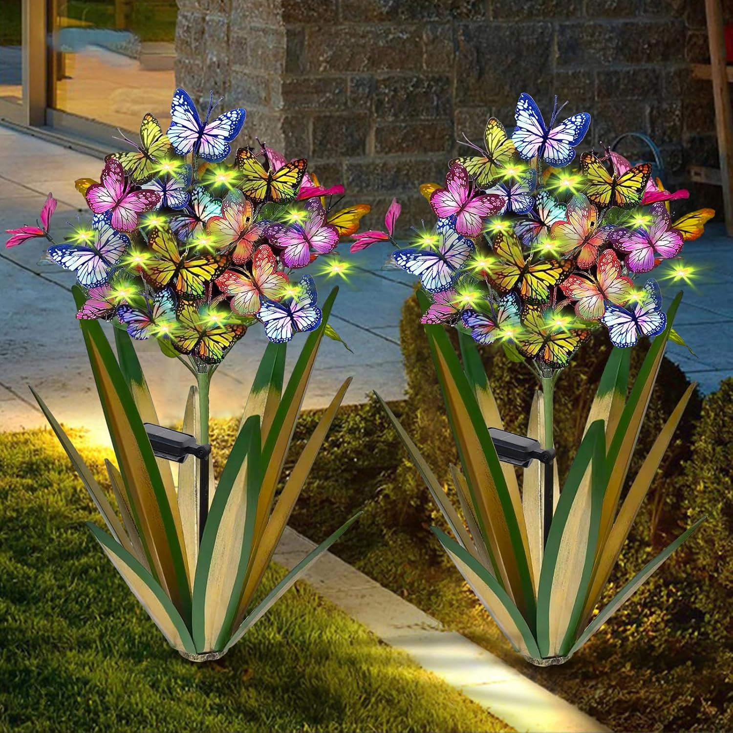 Solar Metal Agave Butterfly Flower Stick Garden Sculpture Gift