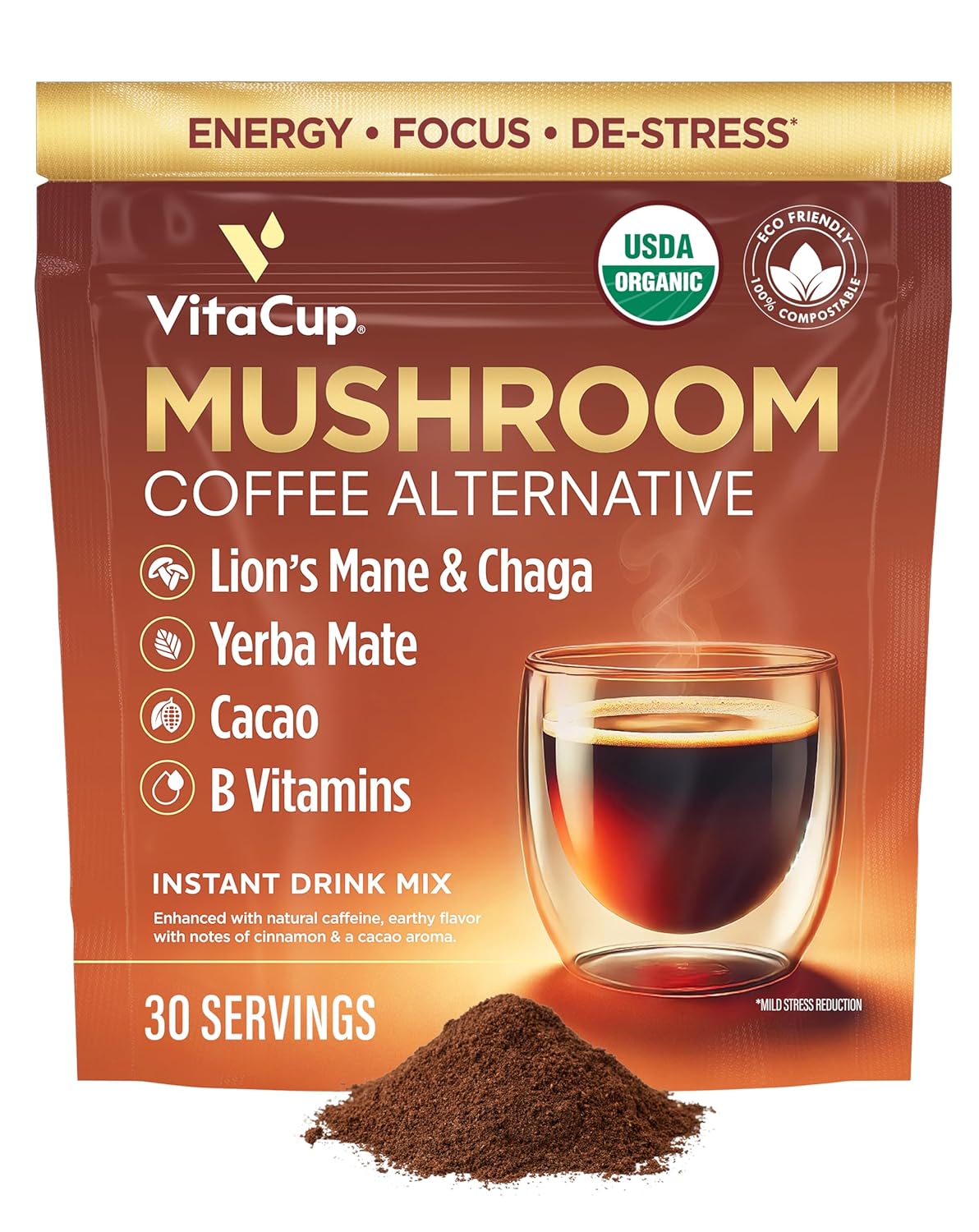 VitaCup Mushroom Energy Mix | Focus & Power Blend | With Lions Mane & Chaga | 30 Servings