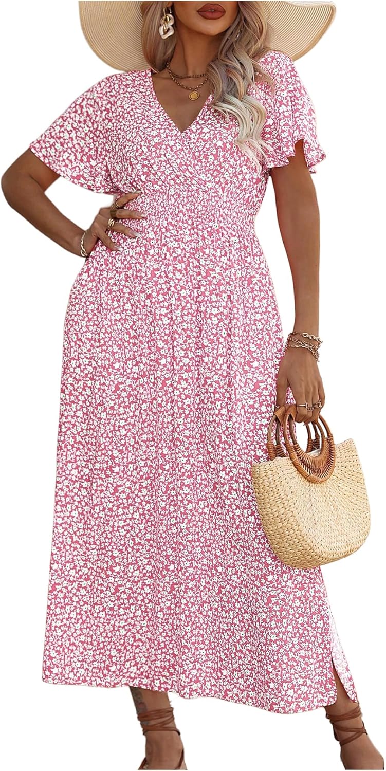Floerns Women's Plus Size Boho Floral V Neck A Line Dress