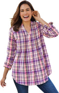 Plus Size Pintucked Flannel Shirt - Soft Cotton Layering Top