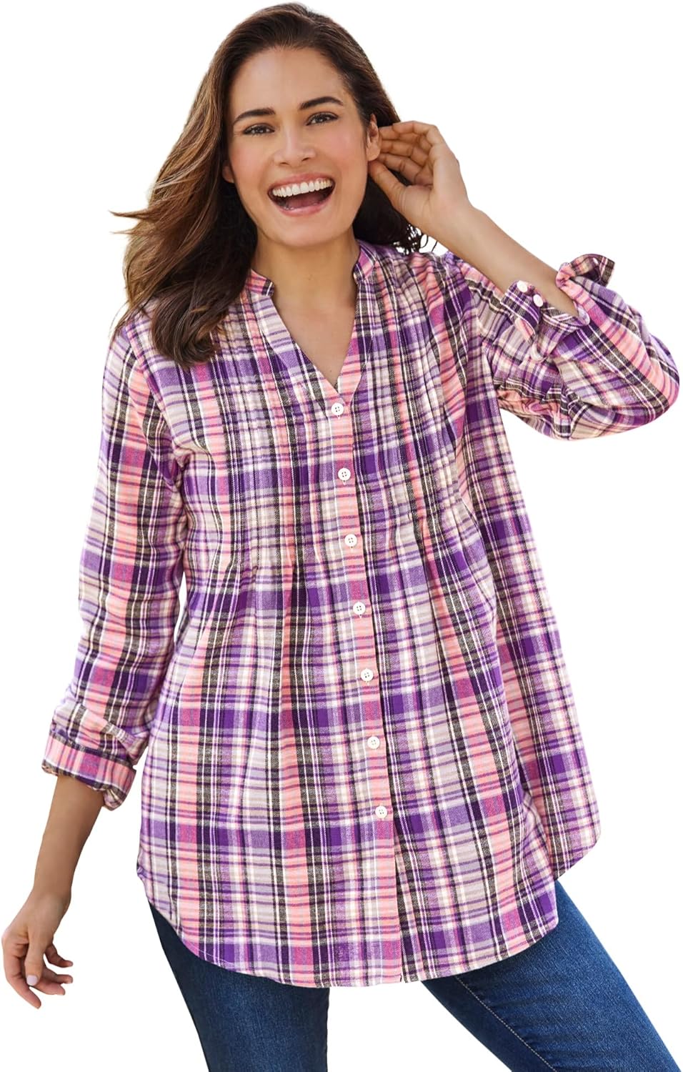 Woman Within Plus Size Pintucked Flannel Shirt for Comfort