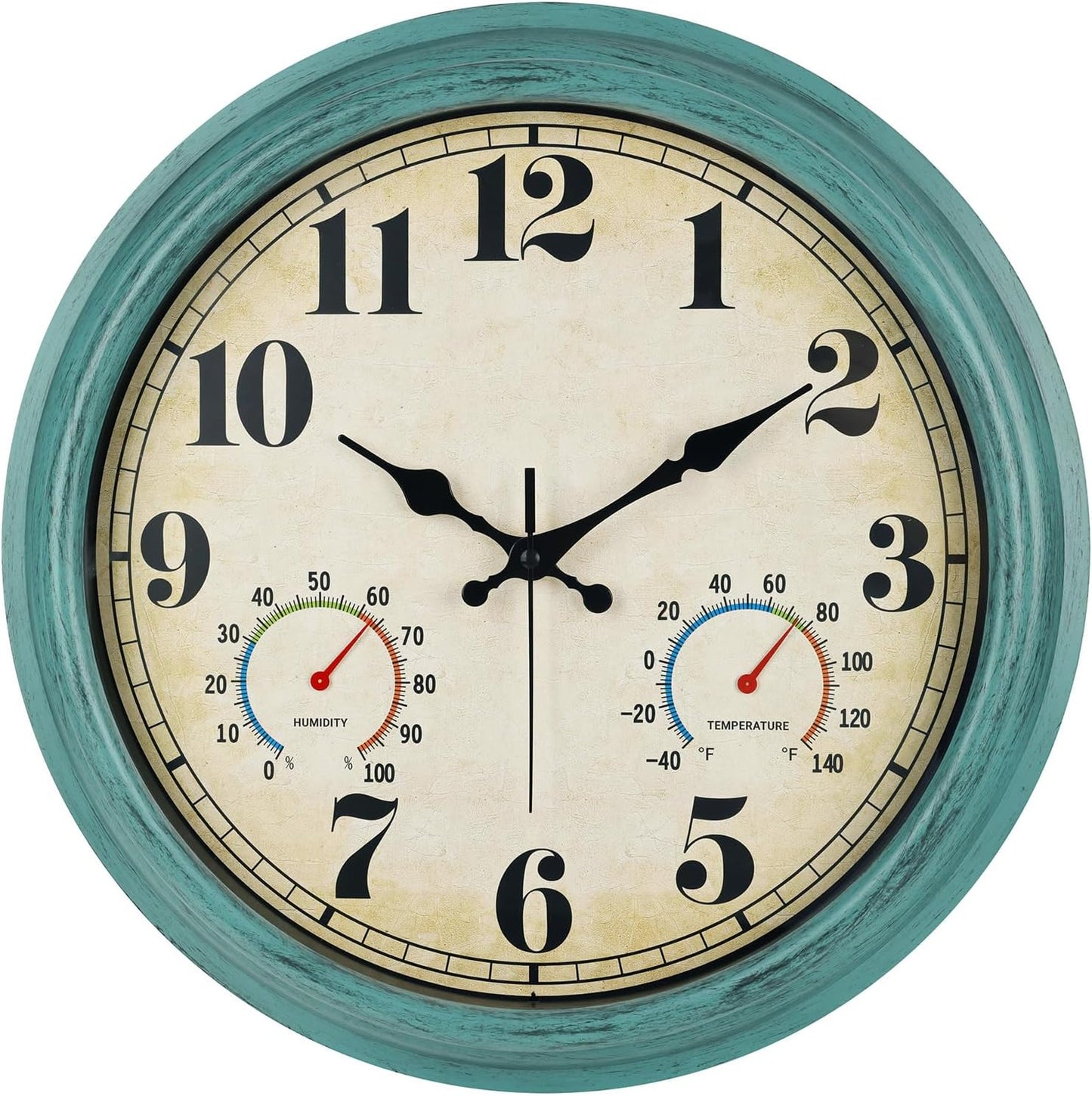 16 Inch Green Vintage Indoor Outdoor Wall Clock with Thermometer