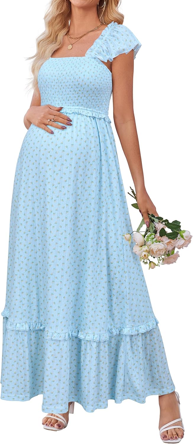 OUGES Womens Summer Maternity Photoshoot Dress Boho Maxi