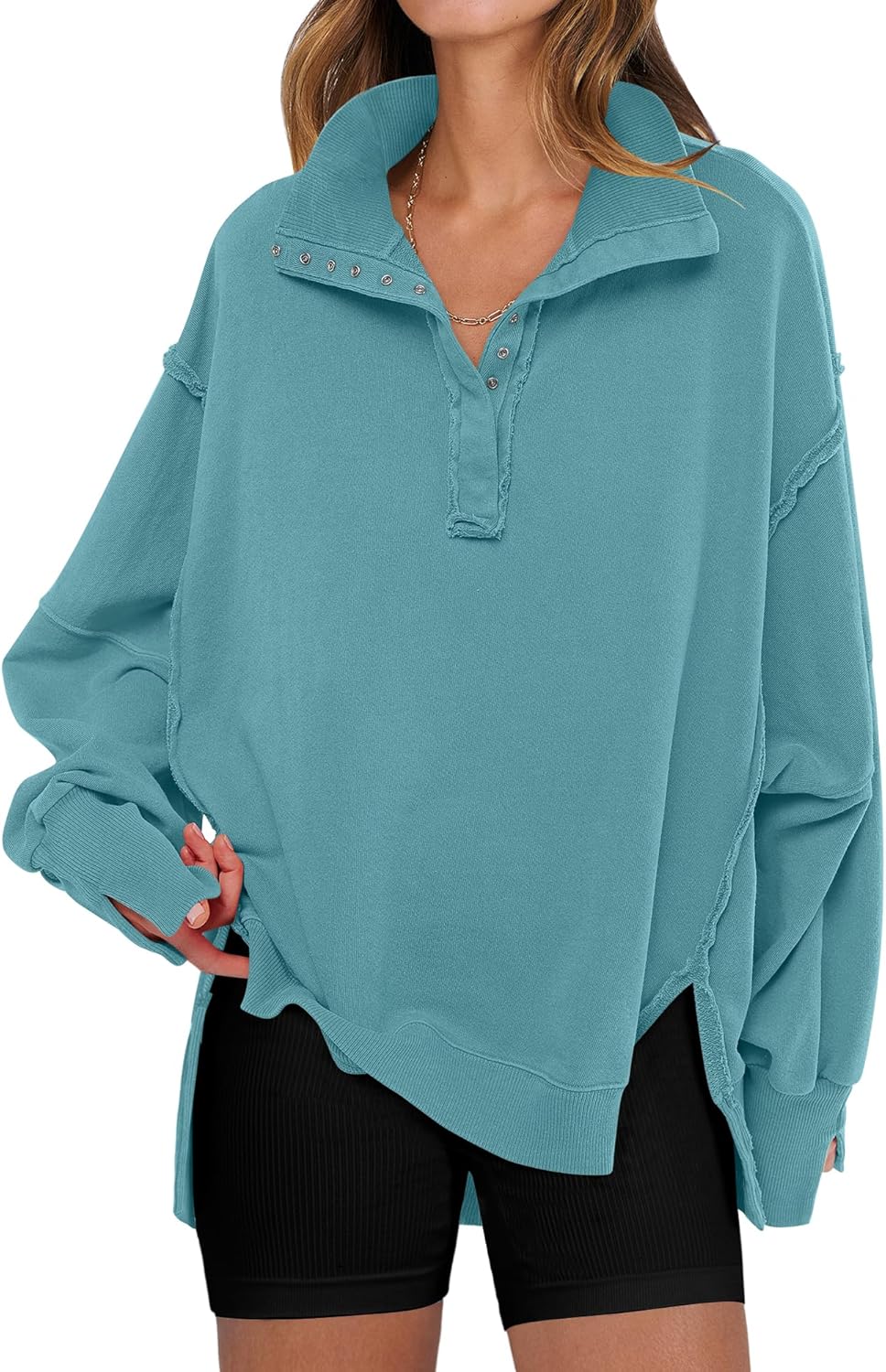 Oversized Casual Button Up Henley Pullover Top for Women