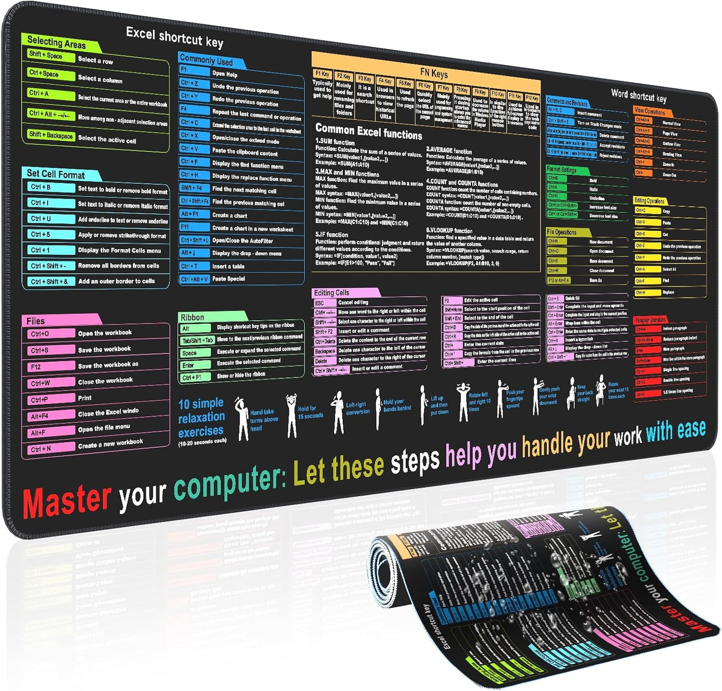 XXL Waterproof Mousepad with Excel Shortcuts | Mirspt