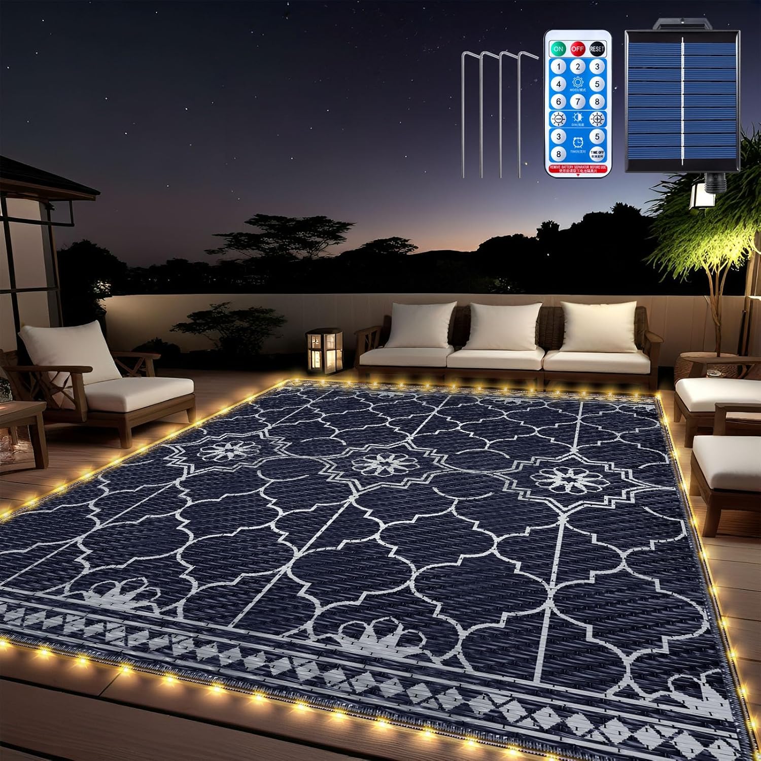 8x10Ft Solar Powered Outdoor Rug with LED Lights for All Occasions