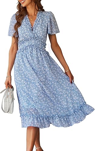 KIRUNDO Women's Summer Casual Ruffle V Neck Floral Midi Dress