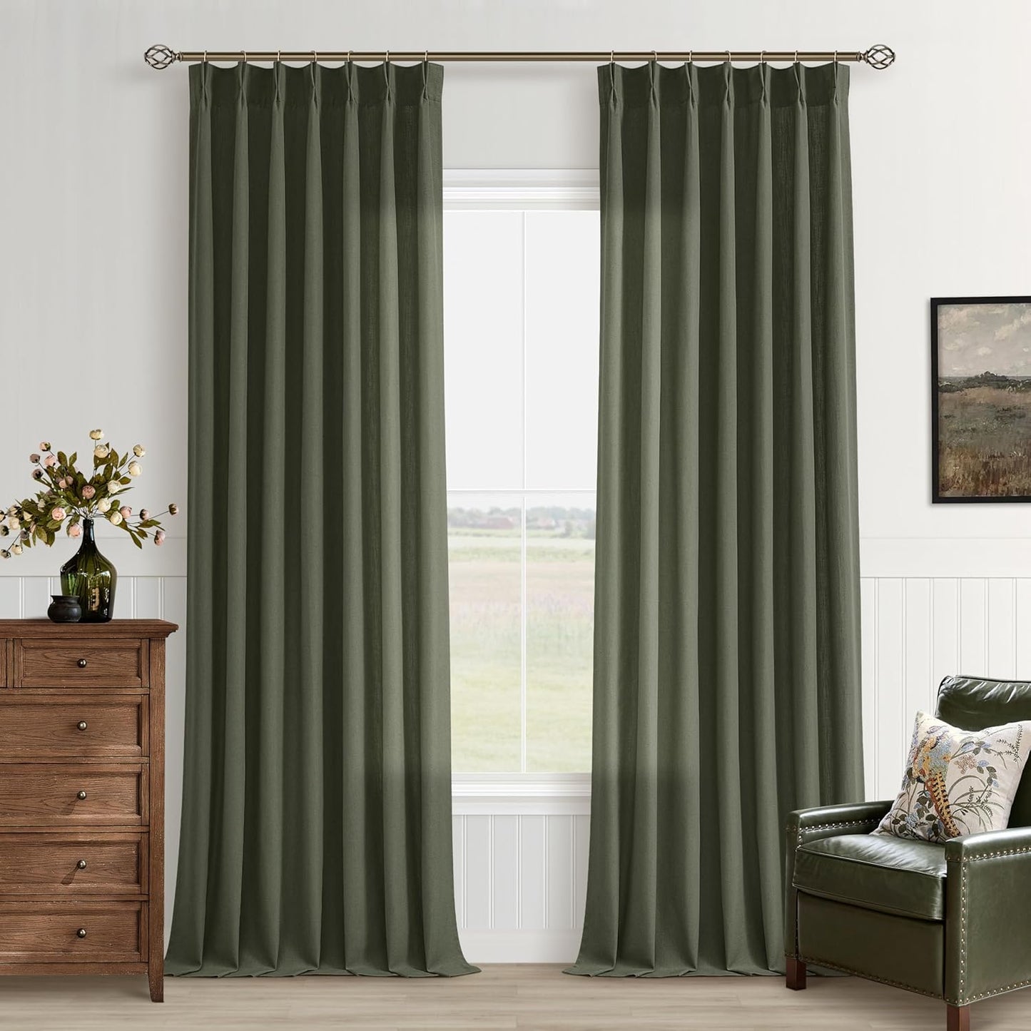 Rifle Green Linen Curtains 102 Inches Long for Living Room