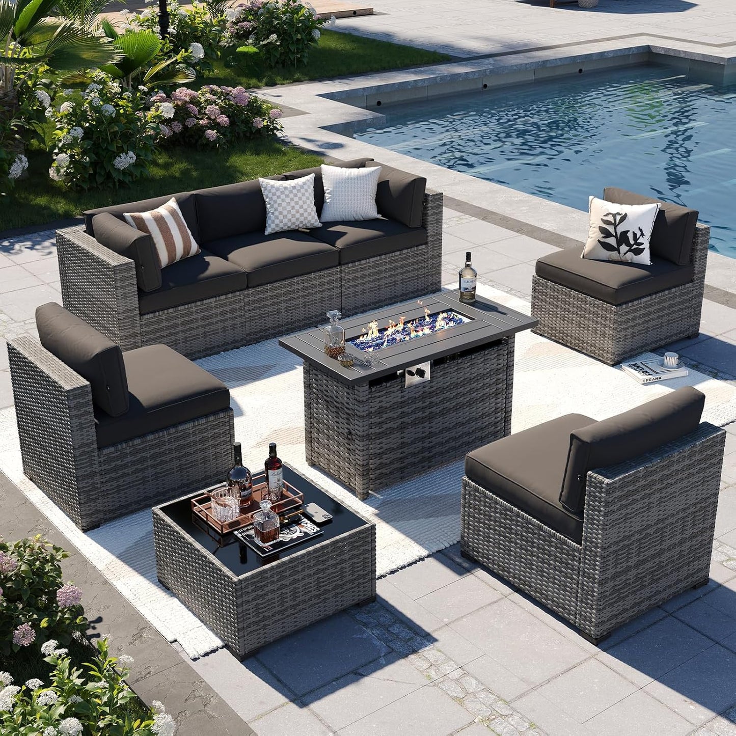 Aoxun 8-Piece Outdoor Patio Furniture Set with Firepit Table
