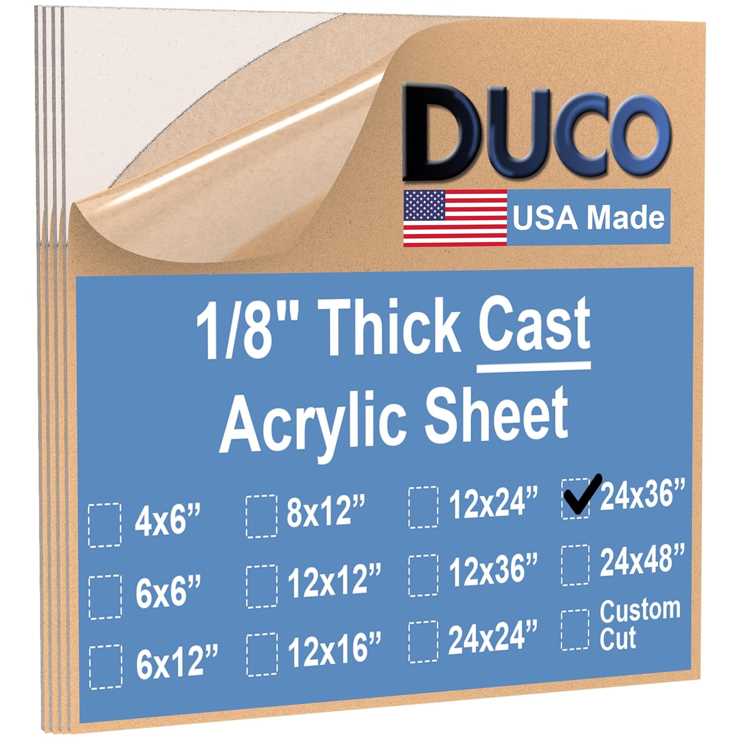 Duco USA-Made Clear Cast Acrylic Sheet 1/8 Inch Thick 24in x 36