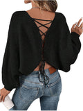 Women's Off Shoulder Lace Up Open Back Sweater - Loose Casual Knit