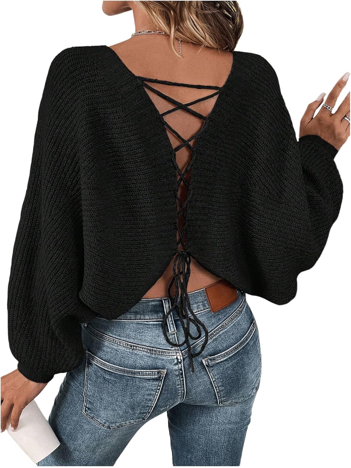 Women's Off Shoulder Lace Up Open Back Sweaters for Fall