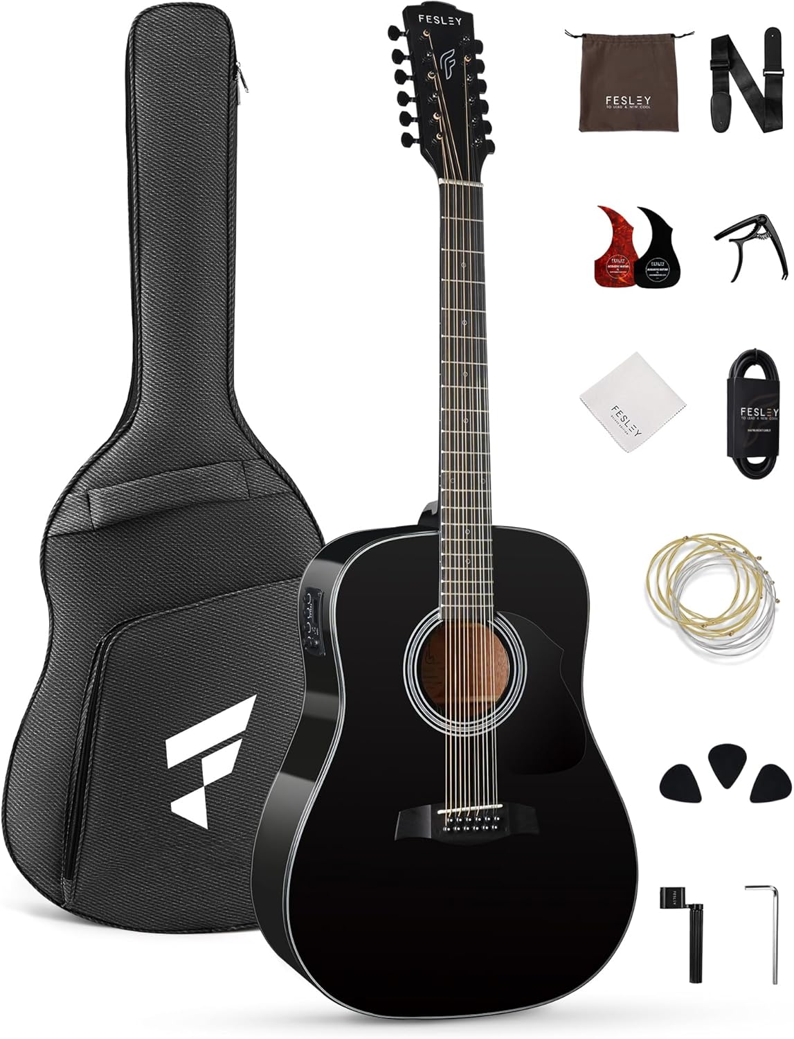 Fesley 12 String Guitar Bundle: Acoustic-Electric Full Size for Beginner Adults