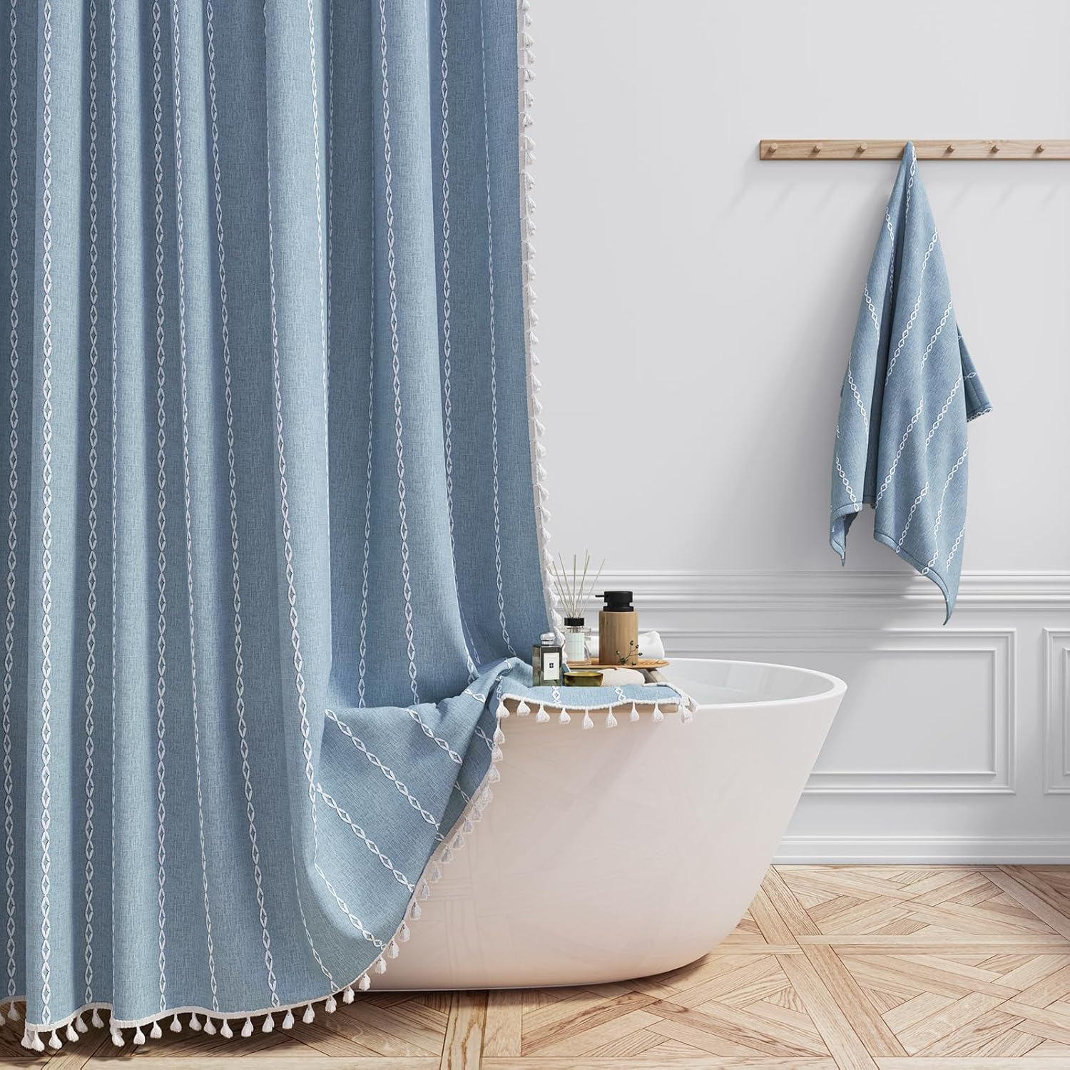 Boho Farmhouse Linen Striped Shower Curtain Set with Tassel