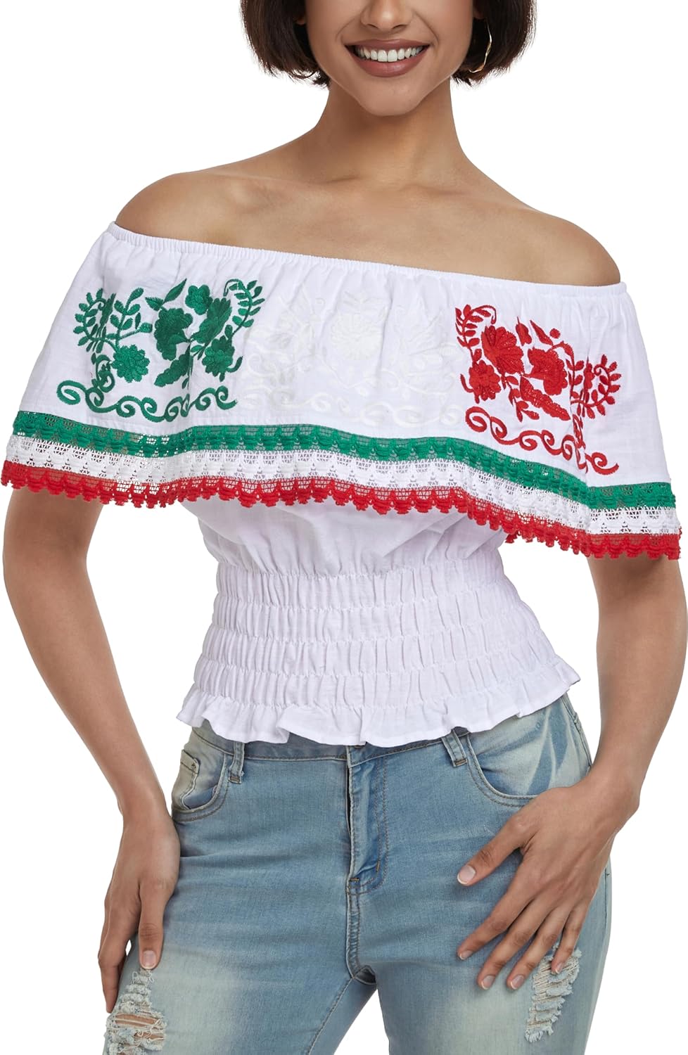 YZXDORWJ Women Mexican Embroidered Off-Shoulder Shirt Top