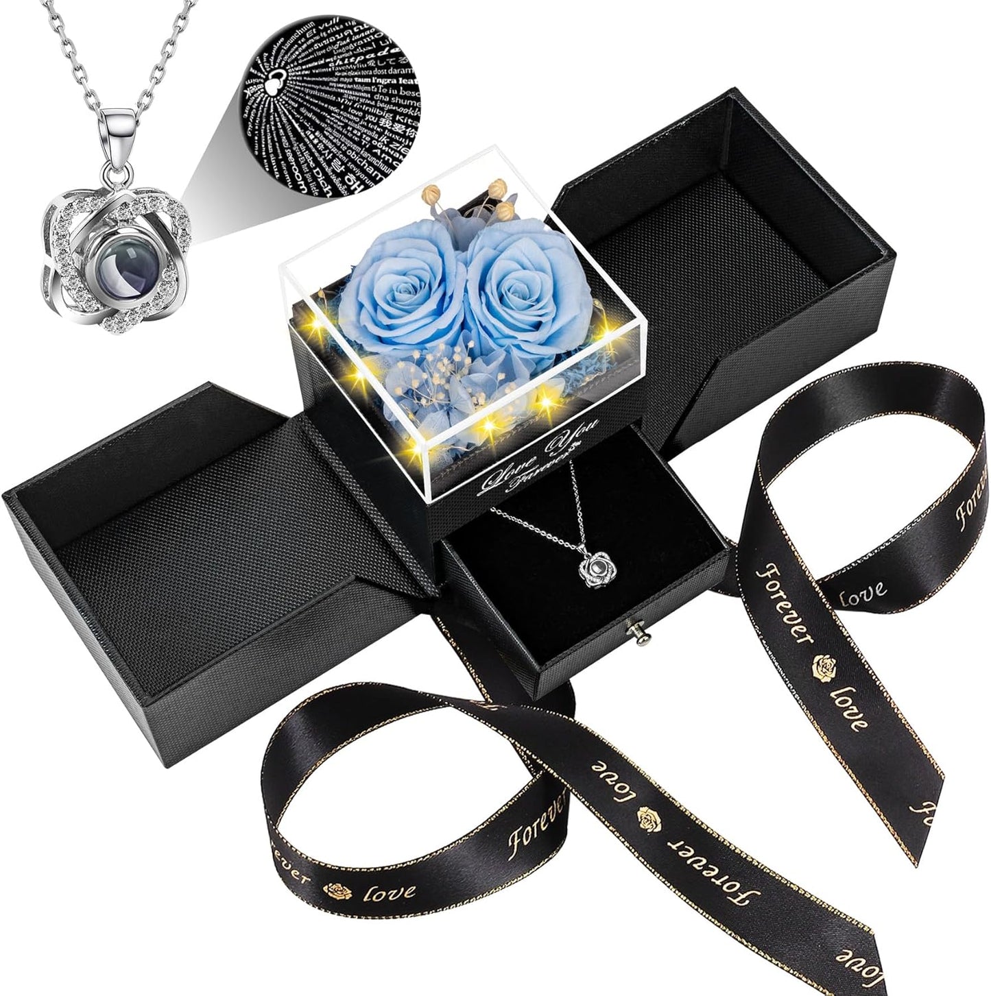 2 Preserved Real Roses with Heart Necklace for Her Gifts