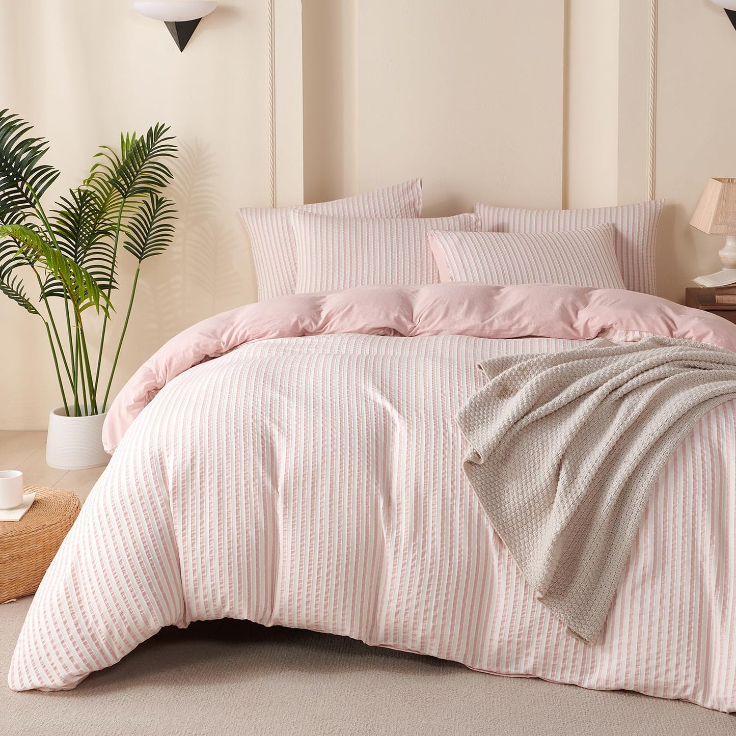 Pink Comforter Set Queen Size Striped Soft Microfiber Bedding