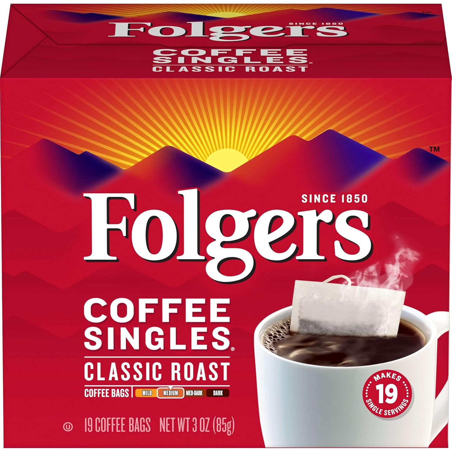 Folgers Coffee Singles Classic Roast - 19 Bags, Rich Flavor