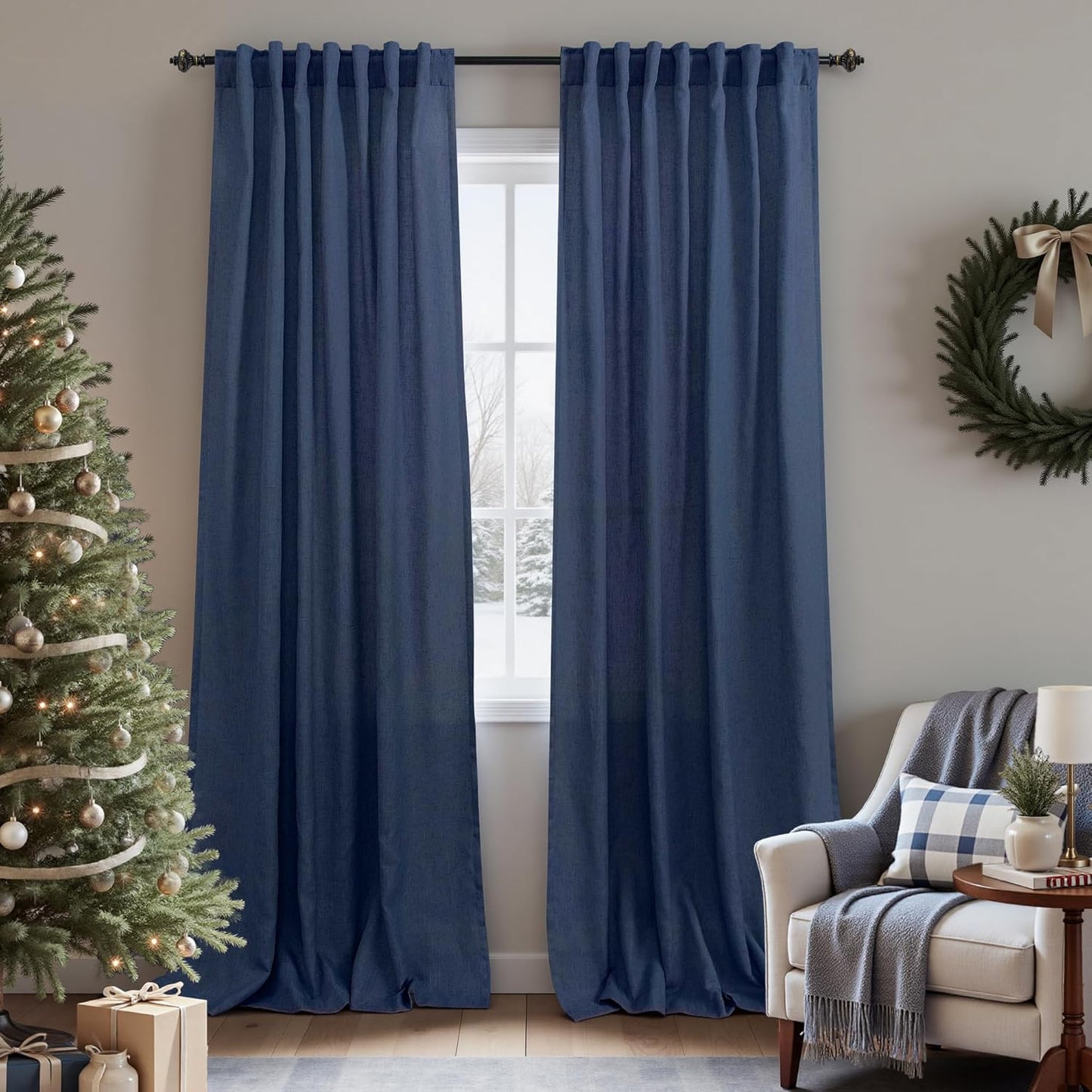 KOUFALL Navy Blue Back Tab Rod Pocket Linen Sheer Curtains 52 by 94