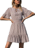 Women's Boho Floral Mini Skater Dress - Casual Ruffle V Neck