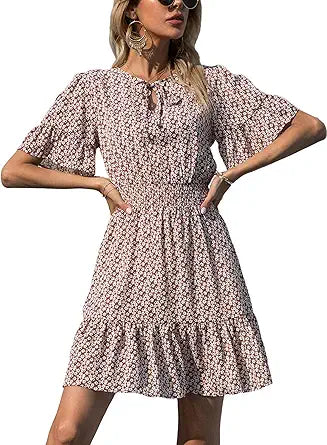 PRETTYGARDEN Women's Summer Boho Dress with Ruffle Floral Print