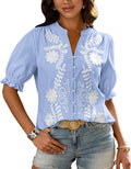 Women Floral Boho V Neck Puff Sleeve Button Down Top - Casual Summer