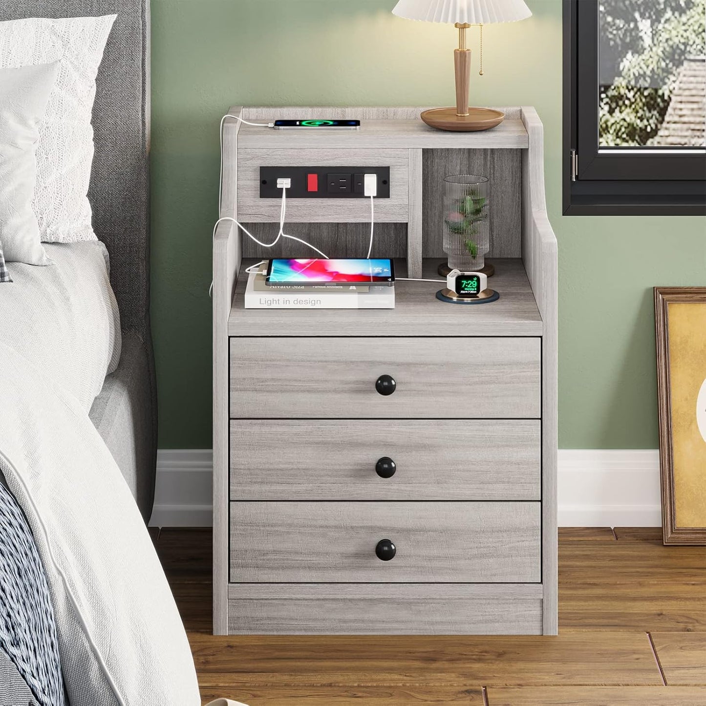 ADORNEVE Nightstand with Charging Station and Storage Drawers