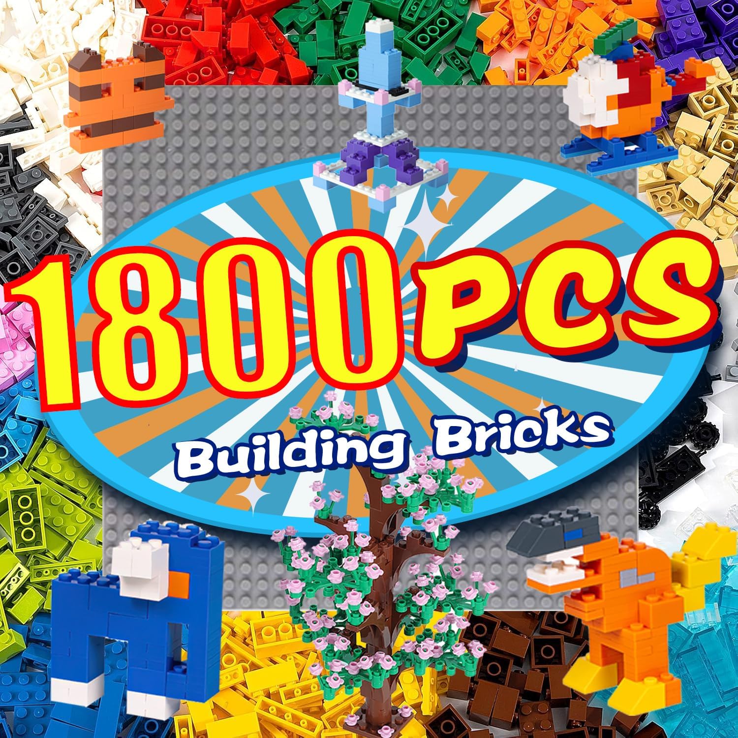 1800 Pieces Building Bricks Set for Creative Play and Learning