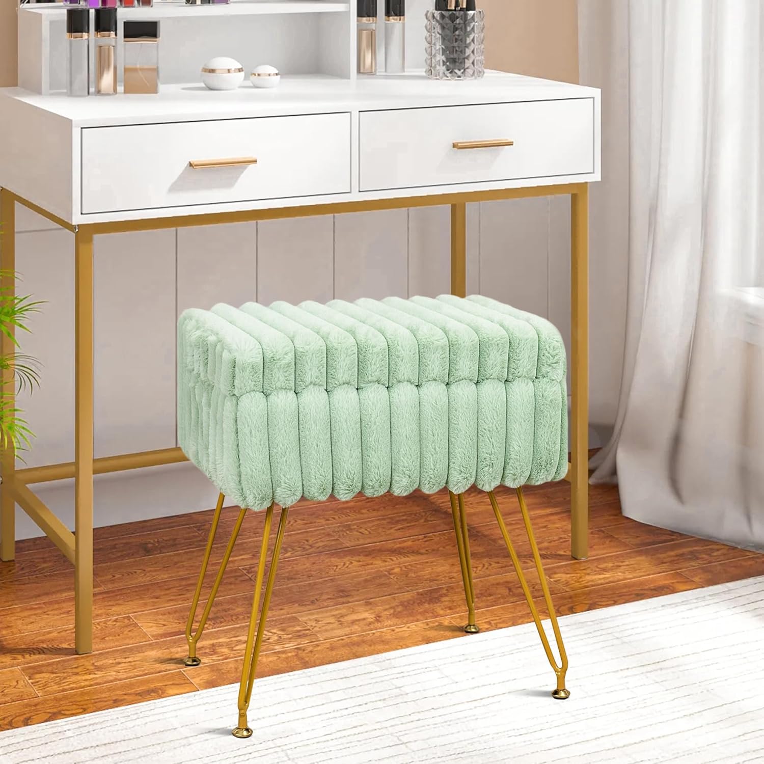 Faux Fur Vanity Stool with Storage - Stylish Dual Function