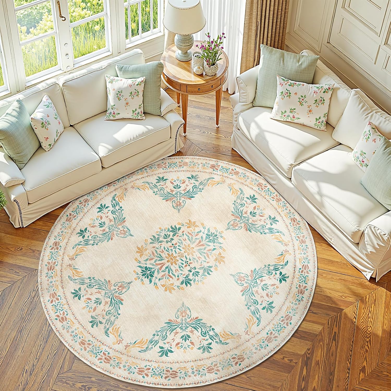 jinchan Round Rug 6ft Area Rug with Vintage Floral Design