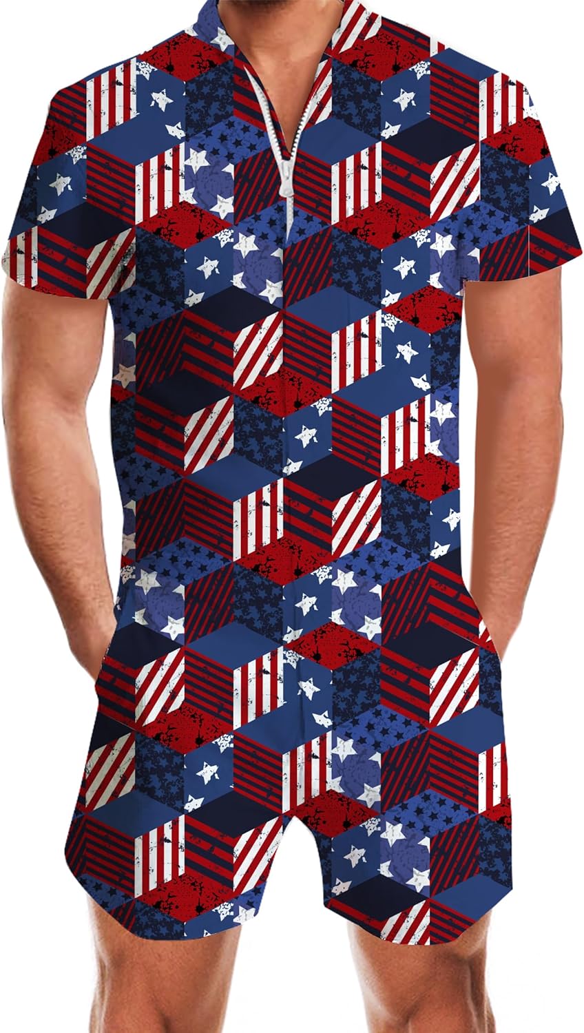 AIDEAONE Mens Casual 3D Printed Short Sleeve Rompers for Comfort