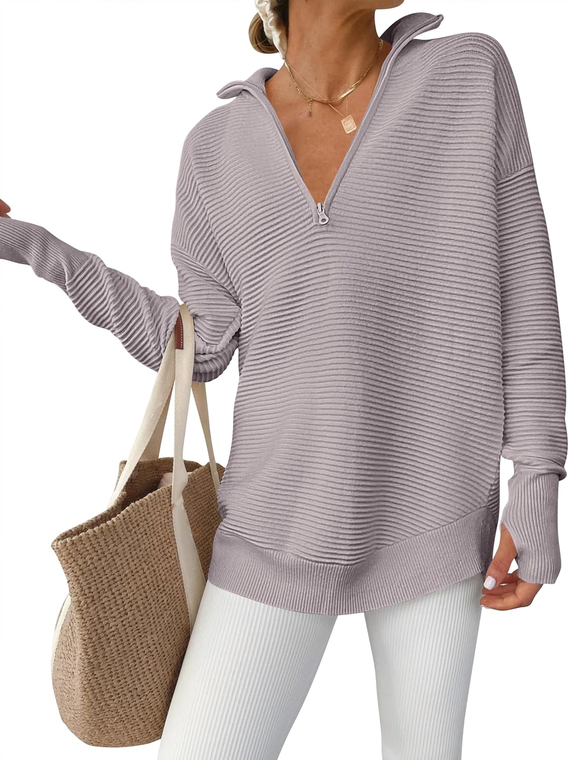 Womens Long Sleeve Quarter Zip Pullover Sweater for Casual Style