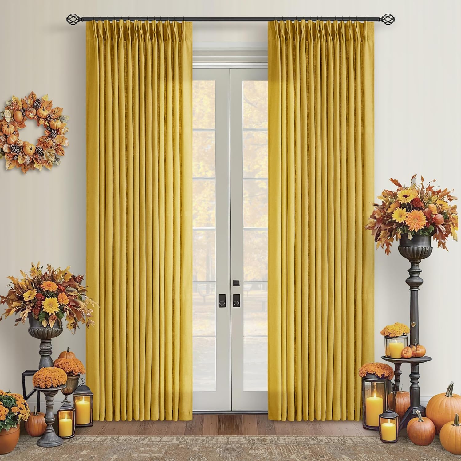 Pinch Pleated Mustard Yellow Linen Curtains for Living Room