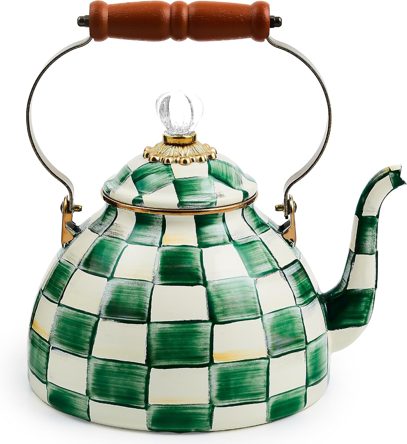 Stylish Enamel Tea Kettle for Stovetop in Emerald Check Design