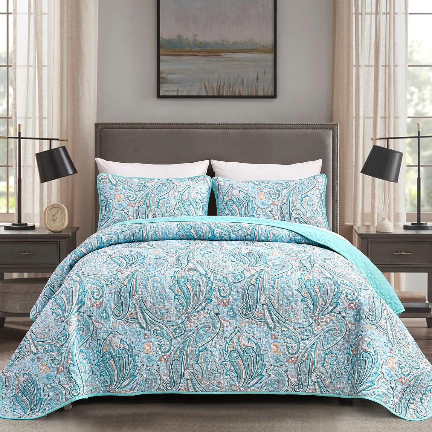 DJY Blue Paisley Quilt Set Queen Size Soft Lightweight Bedding