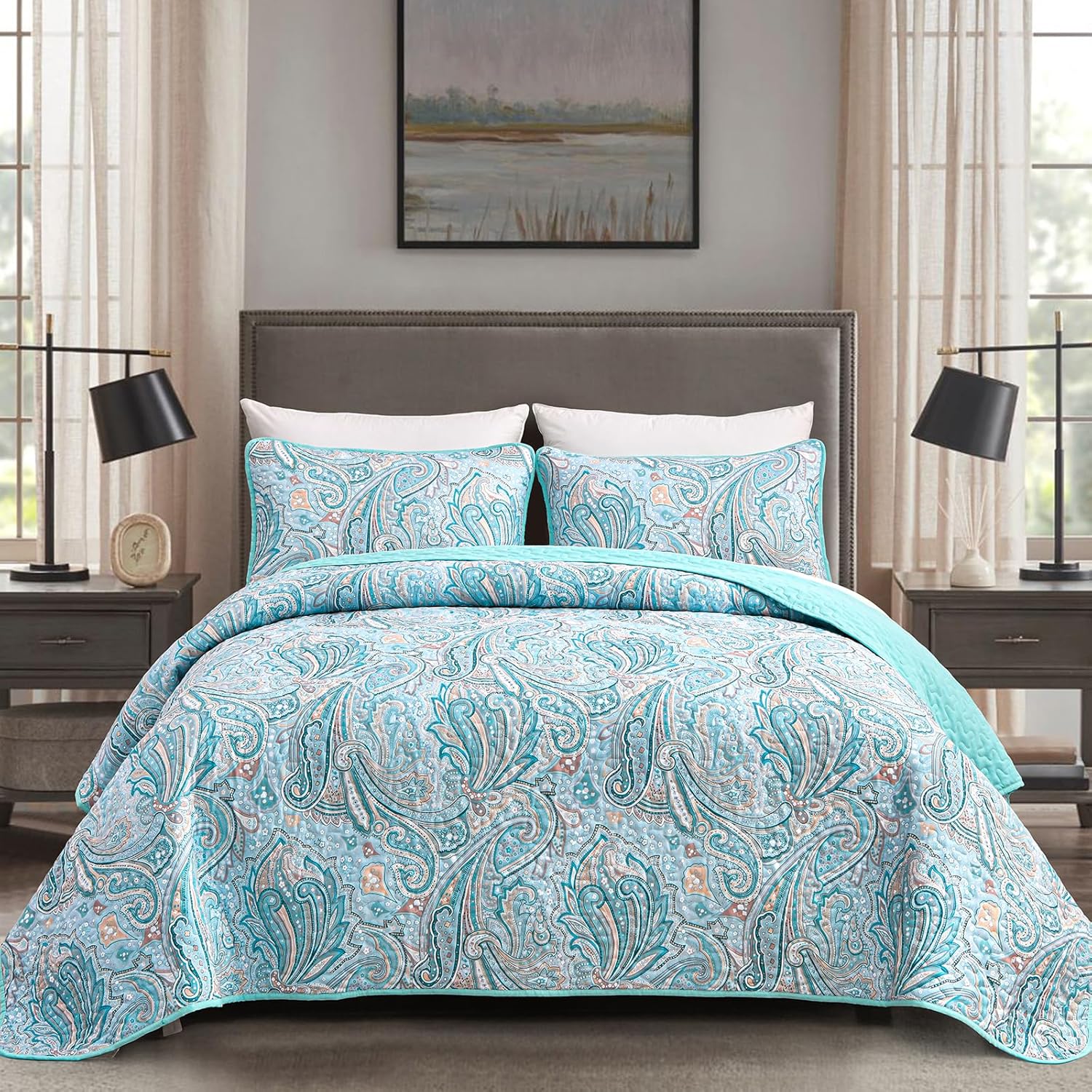 DJY Blue Paisley Quilt Set Queen Size Soft Lightweight Bedding