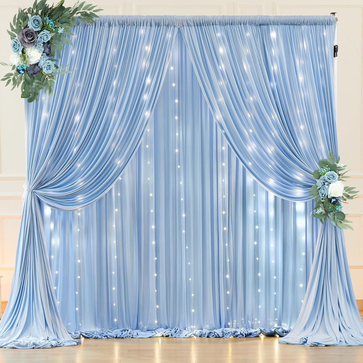 Baby Blue Backdrop Curtains with Lights for Stunning Events