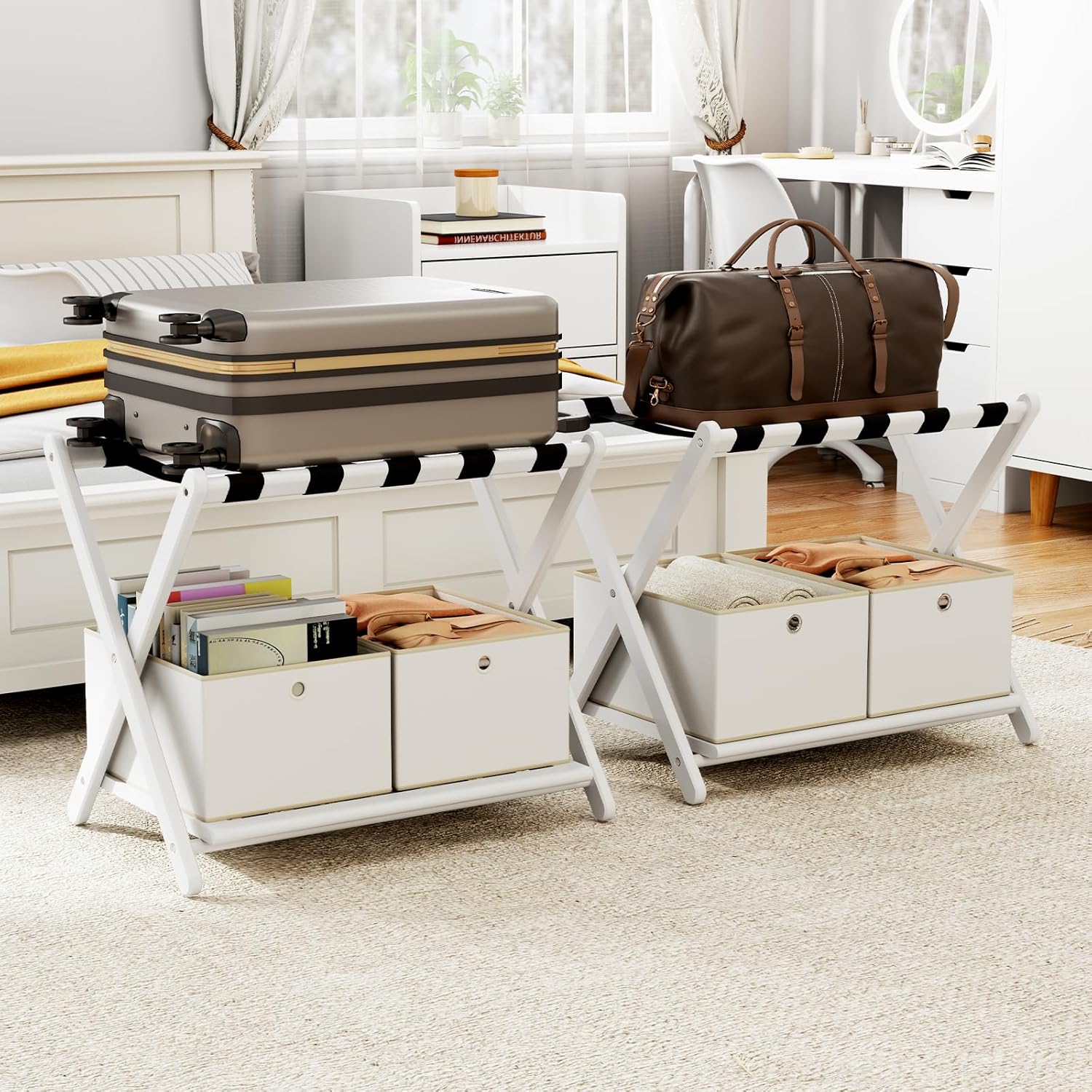 Bamboo Luggage Rack Set of 2 with Foldable Storage Bins